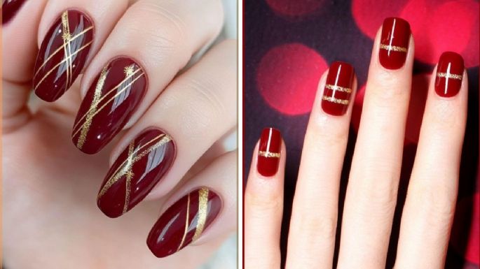 Diseños de uñas rojas con dorado para triunfar en una cena de Navidad