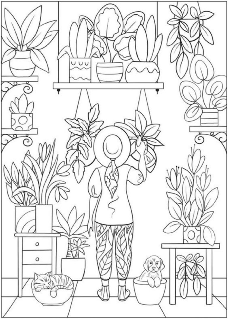 Plantillas para colorear de arteterapia: mujer con plantas