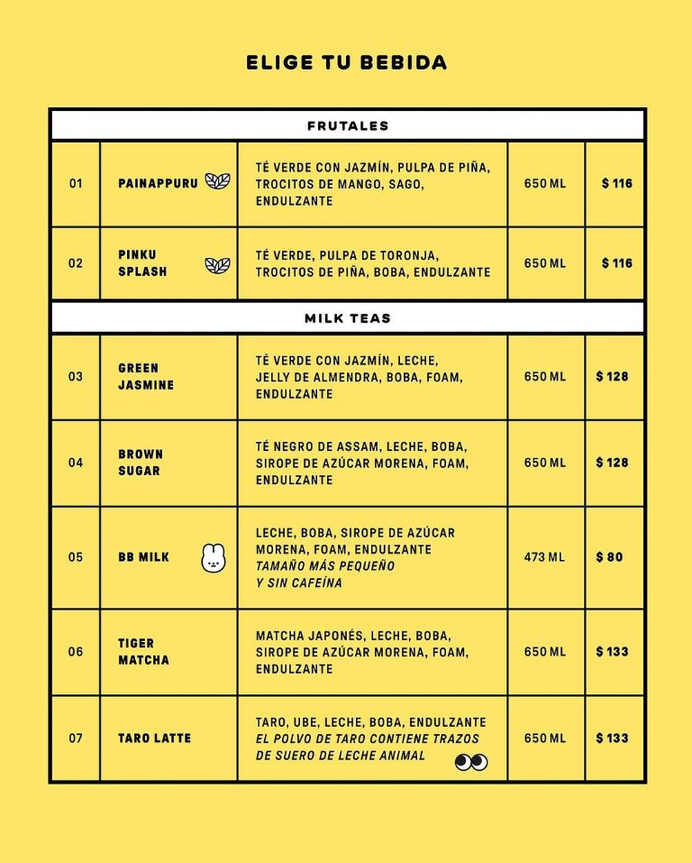 Menú de bebidas de Puni Puni